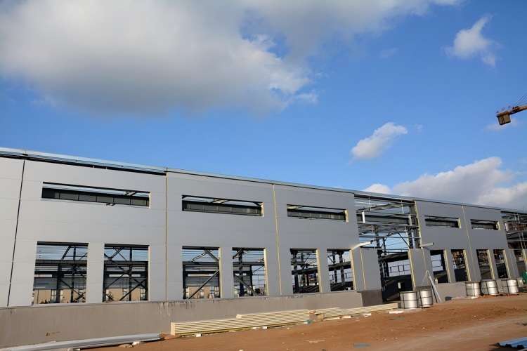 Construção civil com estrutura de aço para armazenamento e showroom