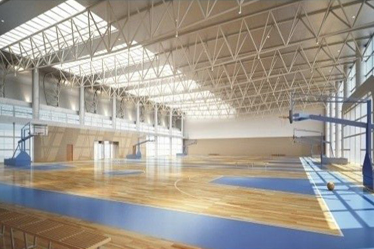 Layout interior do gin&aacute;sio com estrutura de a&ccedil;o de grande v&atilde;o